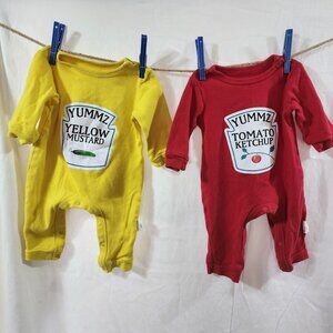 Baby Bodysuit Yummz Tomato Ketchup Yellow Mustard Red 4-6 Months Twins/Single